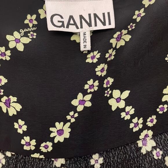 Ganni Long Sleeve Dress Plunging Neckline Black Floral Wrap Size 6 - Picture 6 of 10